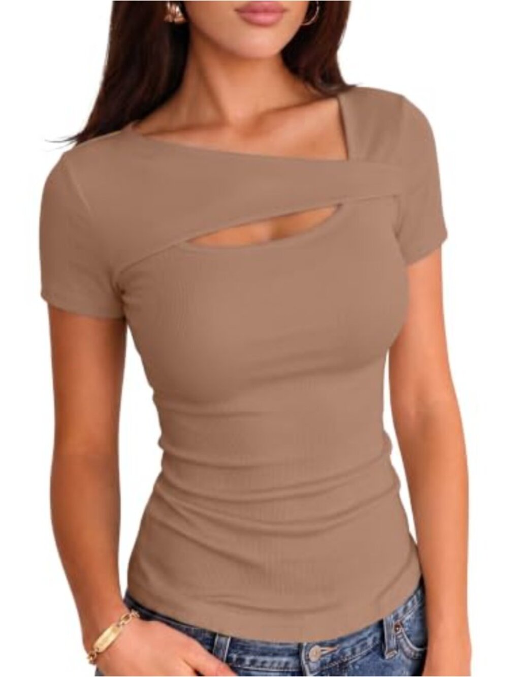 Women's Ribbed Knit Cutout Long Sleeve Fitted T-Shirt